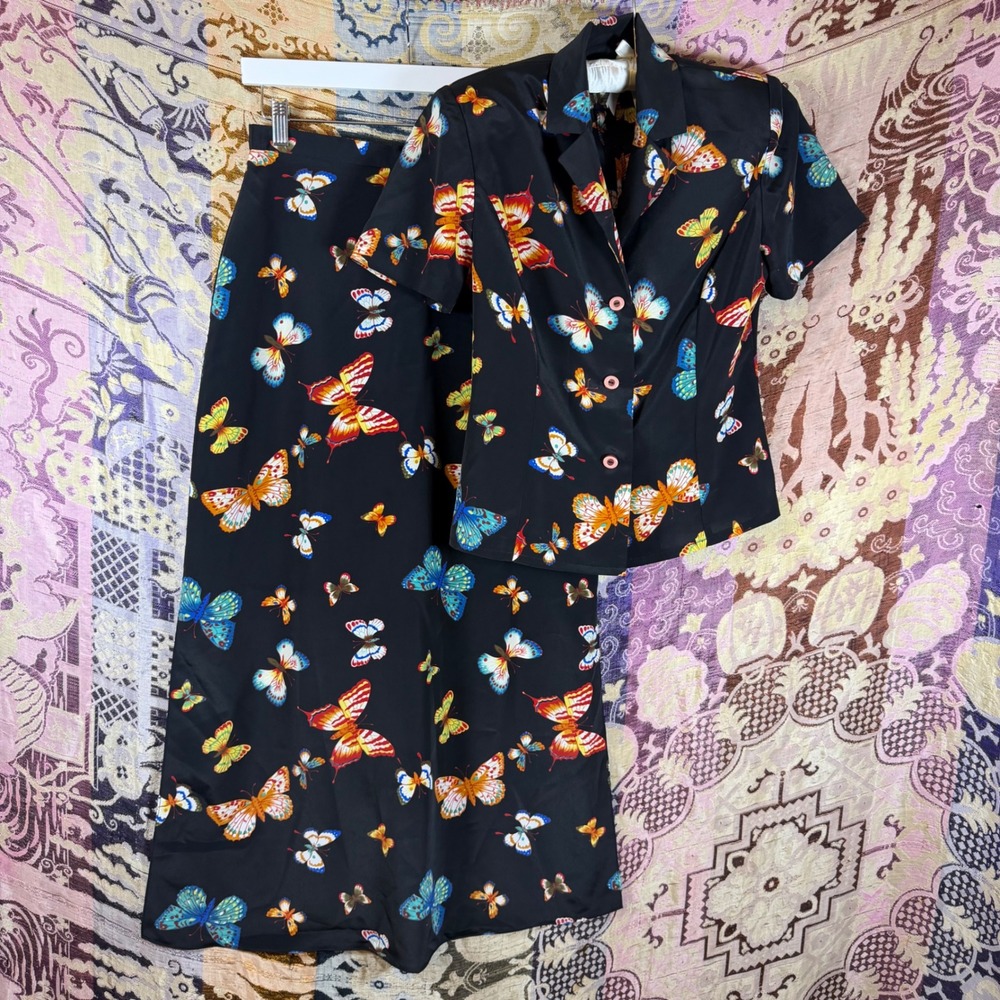 Vintage 90s Whimsical Two Piece Butterfly All Over Print Skirt Set Size XS
